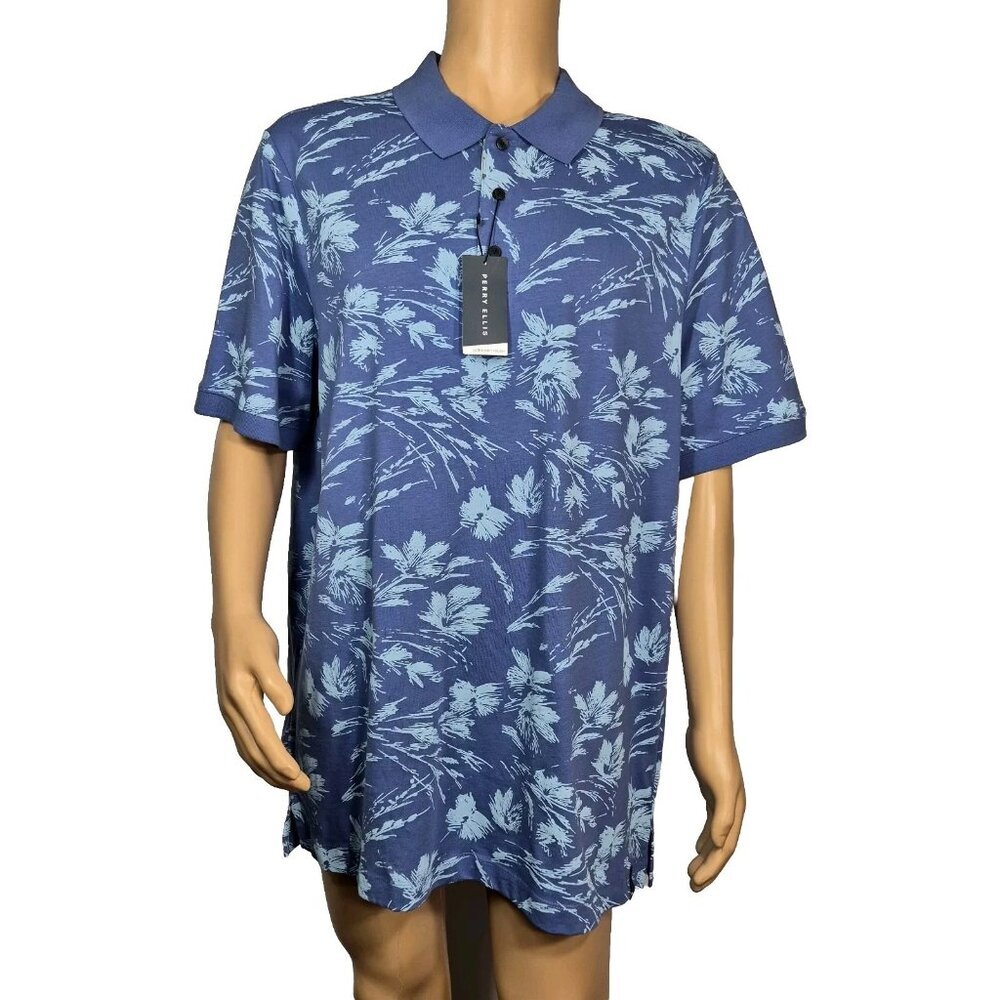 Perry Ellis Men's Polo Shirt Size XLT Dutch Blue Ultra Soft Touch Palms (57)